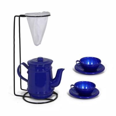 Imagem de Kit Bule Com Suporte Para Coador + Mini Xícaras  -  Azul Escuro - Alum