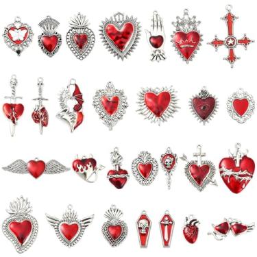 Imagem de DanLingJewelry 28 peças pingentes de coração vermelho antigo prata esmaltada pingentes de coração góticos em forma de coração para acessórios de fabricação de joias de dia dos namorados, Metal não