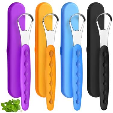 Imagem de 4 peças de limpador de língua, adultos e crianças, escova de língua de aço inoxidável, raspador de metal, reduz o mau hálito com estojos de viagem para homens e mulheres boca oral (roxo, laranja, azul