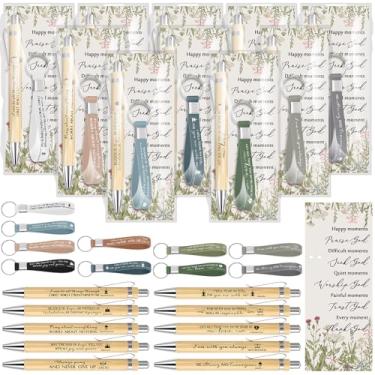 Imagem de Lincia 30 conjuntos de presentes cristãos a granel incluem versículo bíblico caneta de bambu chaveiros cristãos etiquetas de silicone com sacos presentes bíblicos fé inspiradora igreja bem-vindo