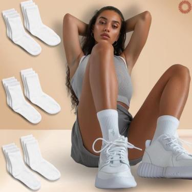 Imagem de Kit 9 Pares Meia Feminina Alta Estilosa Respirável Branca - Rupee, Bra