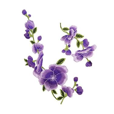 Imagem de 1 conjunto de apliques de bordado de flor de lótus costurados em pacotes de tecido de renda com motivos para roupas decoradas (roxo escuro)