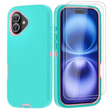 Imagem de PQC Capa para iPhone 16 com 2 protetores de tela - capa resistente à prova de choque de grau militar contra quedas à prova de poeira 360° (água-marinha + rosa)
