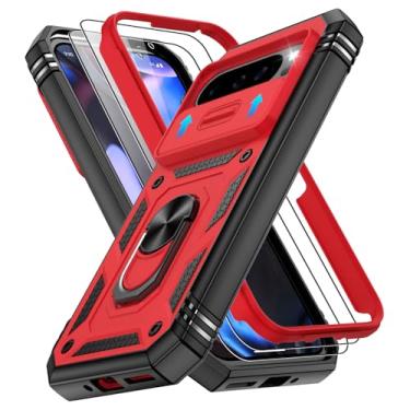 Imagem de Capa para Google Pixel 9 Pro XL com 2 peças protetoras de tela, capa para Pixel 9 Pro XL embutida em anel giratório de 360°, capa protetora de nível militar para celular Google 9 Pro XL, vermelha