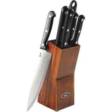 Imagem de OSTER CONJUNTO DE FACAS EM AÇO INOXIDÁVEL 7 PEÇAS VANDERBURG - 1 FACA DO CHEF, 1 FACA DE PÃO, 1 FACA DE FATIAR, 1 FACA UTILITY, 1 FACA DE DESCASCAR, 1 CHAIRA, 1 CEPO