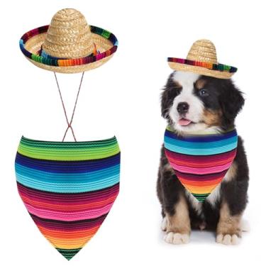 Imagem de Fumwase Chapéus de Sombrero Multicoloridos de Palha Mexicana Pequenos Animais de Estimação Fantasia Bandana de Cachorro para Halloween Mexicano Natal