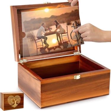 Imagem de Grande caixa de lembrança de madeira com tampa articulada e moldura para fotos - elegante caixa de memória de casamento, ideal para fotos, cartas, cápsulas de tempo, presente de noiva, amor