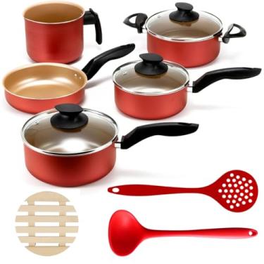 Imagem de Jogo de Panelas 05 Peças Antiaderentes C/Tampas de Vidro + 05 Descansos Redondos + Concha e Escumandeira Vermelha