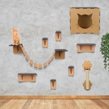 Imagem de Brinquedo Gato Kit 9 Peças Mdf Carpete Arranhador Playground Gatos Mdf