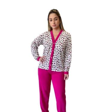 Imagem de Pijama Feminino Aberto Com Botões Estampado Roupa de Dormir Inverno Ma