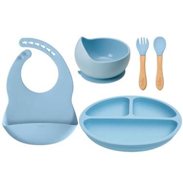 Imagem de Kit Refeição Bebê Babador + Pratinho + Bowl + Talheres Buba, Azul