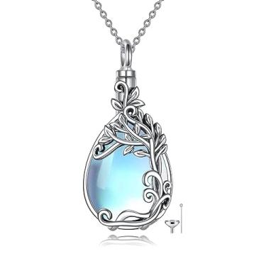 Imagem de YAFEINI Colar de urna da árvore da vida para cinzas prata esterlina 925 pedra da lua árvore da vida joia de cremação para cinzas joias de memória para mulheres homens, Prata esterlina, Pedra da lua