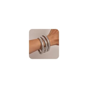 Imagem de Poxtex Conjunto de pulseiras de ouro para mulheres, pulseiras elásticas grossas de aço inoxidável banhado a ouro 14K, pulseira flexível de corrente de elos largos para mulheres, 3 joias presentes,