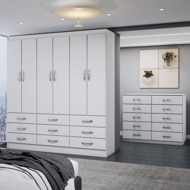 Imagem de Guarda-Roupa Casal Ruby 6 Portas 9 Gavetas com Cômoda 10 Gavetas Branco -