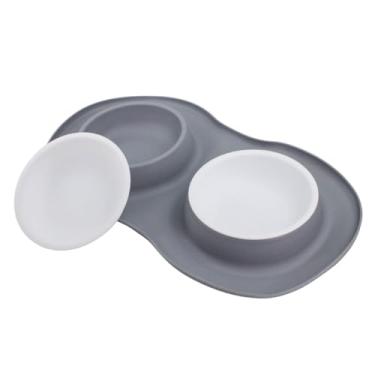 Imagem de Comedouro Duplo em Silicone para Pets, 2 Tigelas de 200ml, Base Antiderrapante, Cinza e Branco