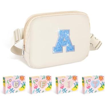 Imagem de COSHAYSOO Pochete de cintura pequena com faixa ajustável com inicial de letra remendo alça ajustável para mulheres adolescentes correndo viajando academia caminhadas, mini bolsa transversal de viagem transversal transversal bolsa moderna, Marfim, Small, A