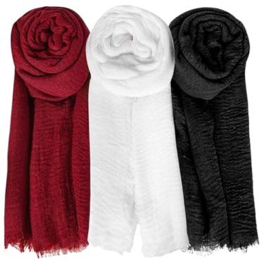 Imagem de Cachecol feminino 3 peças, 3 cores, 94 x 189 cm, xales plissados para mulheres com borda franjada, cachecol de inverno de algodão suave para a pele para uso ao ar livre, presentes para mulheres