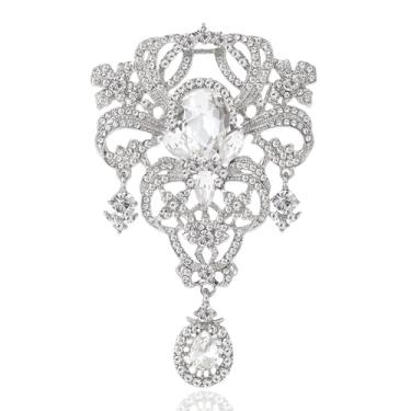 Imagem de Broche grande de luxo com pingente de palácio temperamento para mulheres vestido xaile peito flor joia broche prata casamento vestido formal acessório, 3.5 x 2.2 in, Metal, Sem Pedra Preciosa