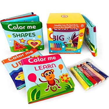 Imagem de BabyBibi Color Me Bath Books Plus Crayons – Conjunto de 4 livros diferentes – Inclui 6 giz de cera lavável para banho – Aprenda e brinque incluindo opostos e formas – Adequado para mais de 3 meses – Certificado ASTM