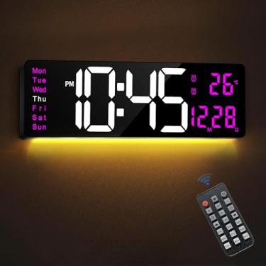 Imagem de Mee 2ou Relógio de parede digital grande de LED de 40,6 cm com data e dia da semana, temperatura, alarme duplo e temporizador de luz noturna de 9 cores RGB contagem regressiva para sala de estar,