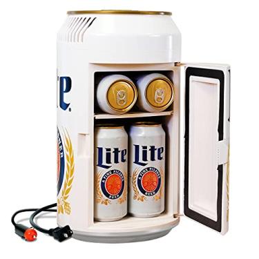 Imagem de Miller Lite Mini geladeira termoelétrica portátil ML06 8 lata 5,4 L/ capacidade de 5,7 litros, 12V DC/110V AC cooler para casa, quarto, dormitório, casa de campo, cabine, cerveja, 5,4 litros, prata, vermelho