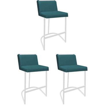 Imagem de Kit 03 Banquetas Com Encosto Confort Bistrô Cozinha Ferro Branco Suede Azul Turquesa Amey Decor