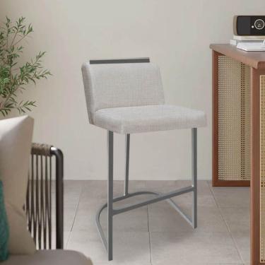 Imagem de Banqueta Com Encosto Nynna Luxo Confort Bistrô Cozinha Ferro Prata Linho Bege - Amey Decor