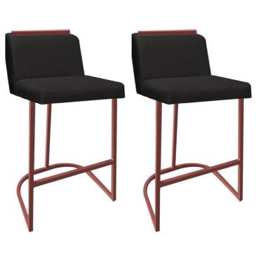 Imagem de Kit 02 Banquetas Com Encosto Confort Bistrô Cozinha Ferro Bronze Suede Preto Amey Decor