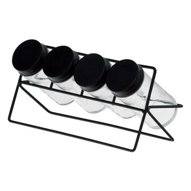 Imagem de Conjunto 4 Potes De Vidro Para Temperos E Suporte Em Metal Preto 1172 - Lyor