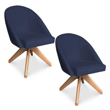 Imagem de Kit 02 Poltronas Cadeira Giratória Bela Veludo Azul Marinho Base De Madeira - Pallazio