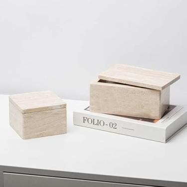 Imagem de Recipientes de armazenamento de mármore natural (redondos, quadrados, retangulares) Suporte de cotonete, organizadores com tampas, caixa de pedra travertino para Qtips, maquiagem, itens essenciais de