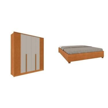 Imagem de Quarto Casal Guarda-roupa 6 Portas Ripado Nova York E Cama Box Queen Mônaco Com Cabeceira Ajustável Cinamomo-off White