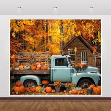 Imagem de Cenário fotográfico Happy Fall Thanksgiving 3 x 2,4 m, celeiro de fazenda, outono, floresta azul, caminhão, cenário de ação de graças, casa de madeira rústica, colheita de abóbora, crianças, família