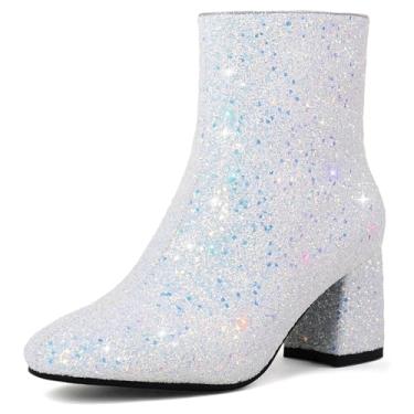 Imagem de MAVMAX Botas femininas de lantejoulas com glitter, salto grosso, botas brilhantes, Branco, prata, 35