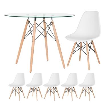 Imagem de Mesa Redonda Eames 100cm + 5 Cadeiras Branco Branco