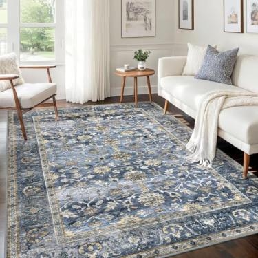 Imagem de KUTA Tapetes vintage 12 x 18 cm, azul, cinza, bege, lavável para sala de estar, ultrafino, macio, antiderrapante, estampado, tribal, tradicional, casa de fazenda, para quarto, sala de jantar