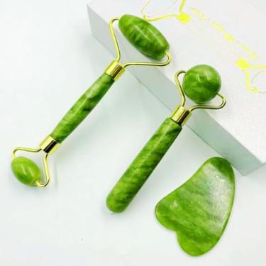 Imagem de Kit Massageador Facial com Rolo de Jade e Pedra Gua Sha - Para Rosto, Olhos e Pescoço - Reduz Inchaço, Relaxa e Estimula a Circulação