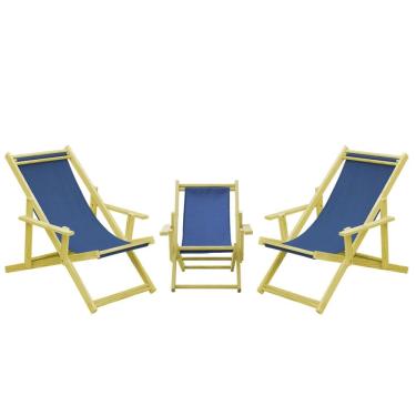 Imagem de Kit 3 Cadeiras Espreguiçadeira Dobrável Madeira Maciça Natural 2 Adulto 1 Infantil com Tecido