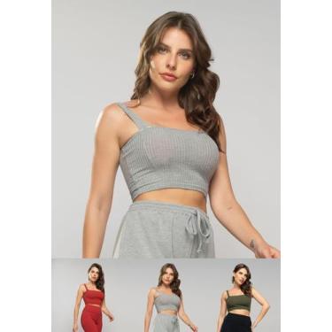 Imagem de Kit 3 Croppeds Top Faixa Comfy Malha Canelada Mescla, Telha e Verde Sa