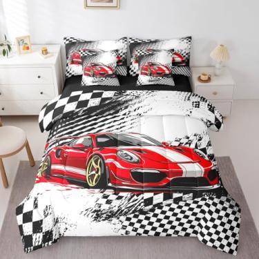 Imagem de jejeloiu Conjunto de edredom de carro de corrida vermelho com lençol casal para crianças, meninos e meninas, 7 peças, decoração de quarto, microfibra leve e macia
