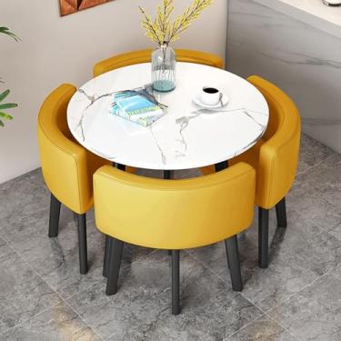 Imagem de Mesa De Cozinha E Cadeiras Para 4, Conjunto De Mesa De Jantar Compacta De 5 Peças, Tampo De Padrão De Mármore Falso E 4 Assentos Estofados Em Couro Pu, Conju, Orange, Desk top DI 90cm
