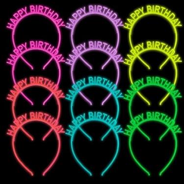Imagem de Nenjindz Faixa de cabelo de aniversário, pacote com 12 faixas de cabelo de plástico que brilham no escuro para mulheres, adultos, meninas, crianças, presentes de festa, Halloween, rosa, azul, vermelho