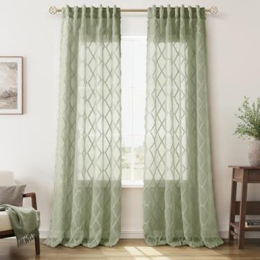 Imagem de Cortinas transparentes verde-sálvia 203 cm de comprimento, 2 painéis, bolso traseiro com aba traseira, verde claro, bordado, texturizado, boêmio, cortina de casa de fazenda, cortinas rústicas para