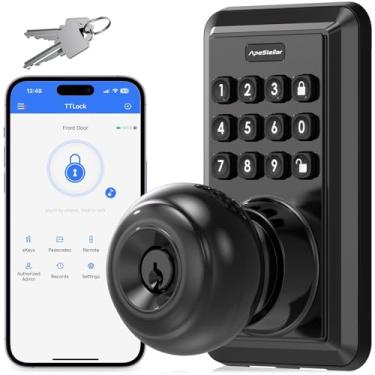 Imagem de Fechadura de porta inteligente Wi-Fi, fechadura de porta de entrada sem chave com maçaneta, fechadura de porta de teclado com alça, fechaduras inteligentes para porta da frente, maçaneta inteligente