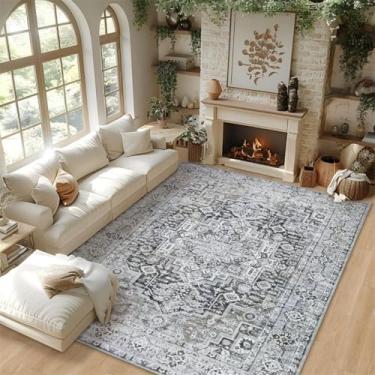 Imagem de ESSMOKO Tapetes tapete turco persa para casa, sala de estar, quarto, mesinha de cabeceira, lavável à máquina, tapete de vários tamanhos, preto e cinzento de luxo, 60 x 90 cm