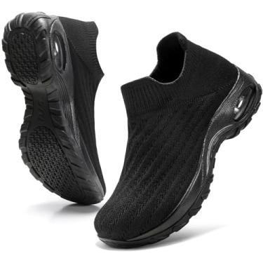 Imagem de HKR Tênis De Caminhada Feminino Com Suporte Arco, Sem Cadarço, Calçado Para Uso Não Profissional, Fascite Plantar, Leve E Confortável Palmilha Acolchoada, Todo Preto, Tamanho 7,5 Eua