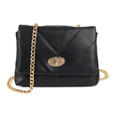 Imagem de FOXHACKLE Bolsa clutch tiracolo feminina – Bolsa de ombro de couro com alça de corrente dourada e fecho giratório – Bolsa elegante para noite