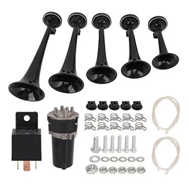 Imagem de Kit de buzina de ar com 5 trompetes, 5 buzinas de ar 130 dB 12 V Trompete elétrico musical para caminhão, trem, navio