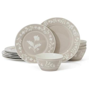 Imagem de Martha Stewart Conjunto de louça Maiden Crown 12 peças Taupe – Pratos e tigelas de cerâmica vegana Bone China – Design floral – Serviço para 4 pessoas – Seguro para lava-louças e micro-ondas