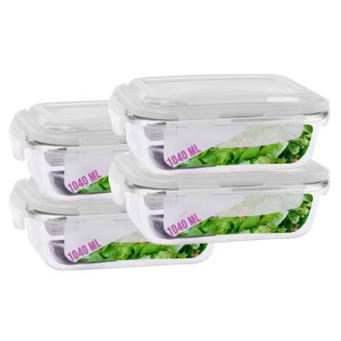 Imagem de Jogo 4 Potes Vidro Retangular Marmitas Tampa 4 Travas 1040ml
